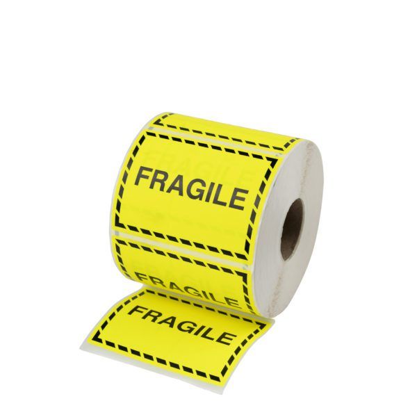 100×75 FRAGILE Fluro Yellow Warning Label Roll Black Printed W10075YFR