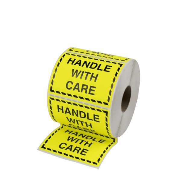 100×75 HANDLE WITH CARE Fluro Yellow Warning Label Roll Black Printed W10075YHW