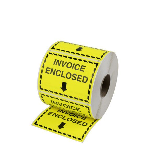 100×75 INVOICE ENCLOSED Fluro Yellow Warning Label Roll Black Printed W10075YIE