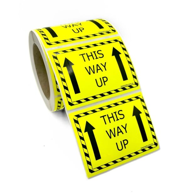 100×75 THIS WAY UP Fluro Yellow Warning Label Roll Black Printed W10075YTW