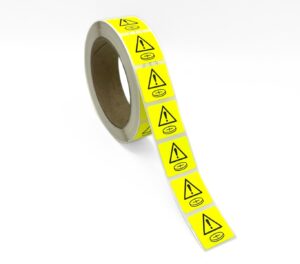 28x28 Button Battery Fluro Yellow Warning Label 1,000 per roll W2828YBB