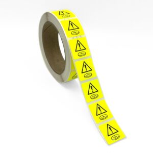 28x28 Button Battery Fluro Yellow Warning Label 1,000 per roll W2828YBB