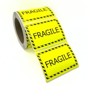 100×75 FRAGILE Fluro Yellow Warning Label Roll Black Printed W10075YFR