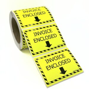 100×75 INVOICE ENCLOSED Fluro Yellow Warning Label Roll Black Printed W10075YIE