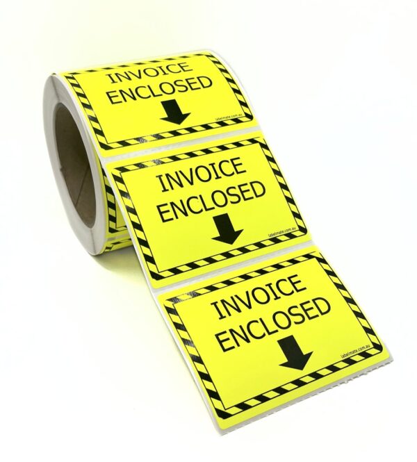 100×75 INVOICE ENCLOSED Fluro Yellow Warning Label Roll Black Printed W10075YIE
