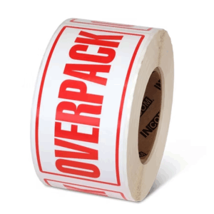 50x100 OVERPACK Warning Label Roll Red Printed W50100ROV 50mm x 100mm