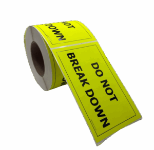 108x175 DO NOT BREAK DOWN Fluro Yellow Warning Label Roll Black Printed W108175YDN