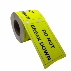 108x175 DO NOT BREAK DOWN Fluro Yellow Warning Label Roll Black Printed W108175YDN